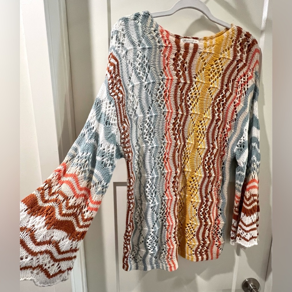 Colorful Boho Crochet Knit Sweater Bell Sleeves